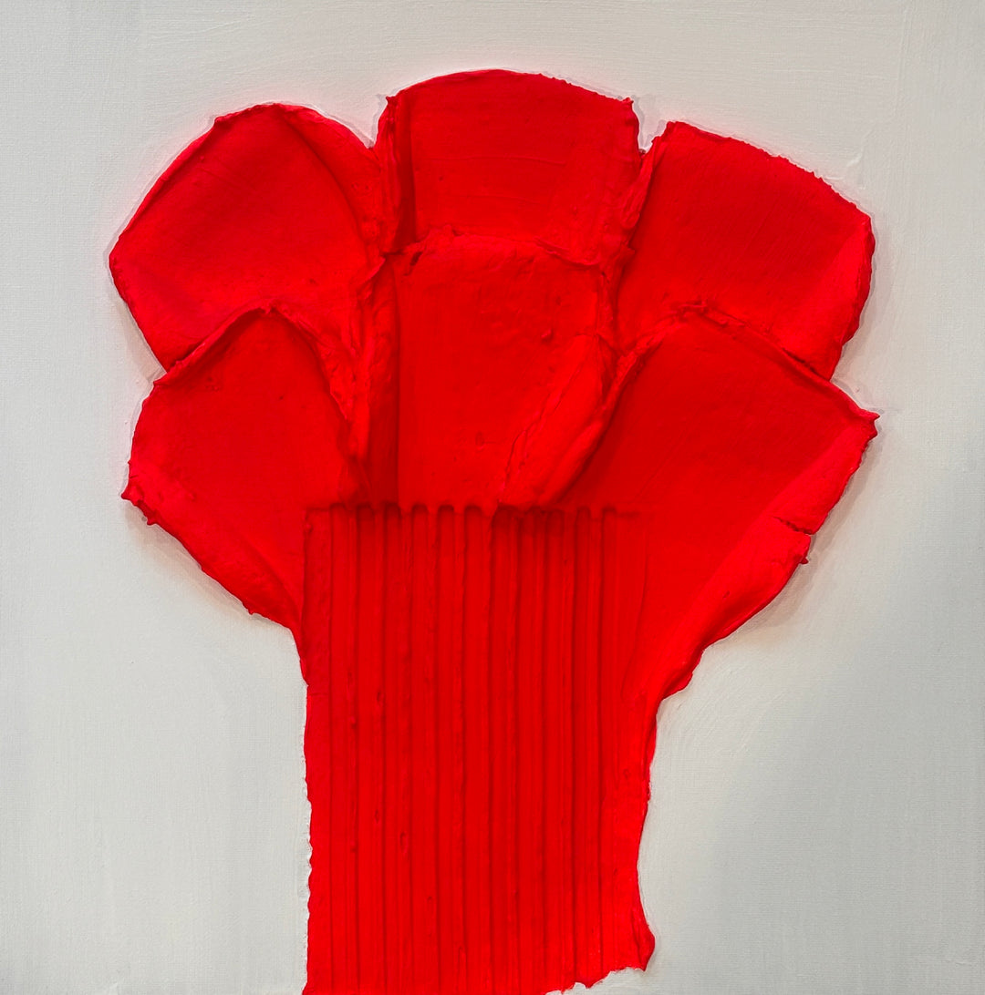 Lee in Cerulean, Botanic Rouge, joint compound and acrylic, 14 x 14 inches. A bright red flower-like form of layered petal shapes on a vertically ribbed stem, on a white background.