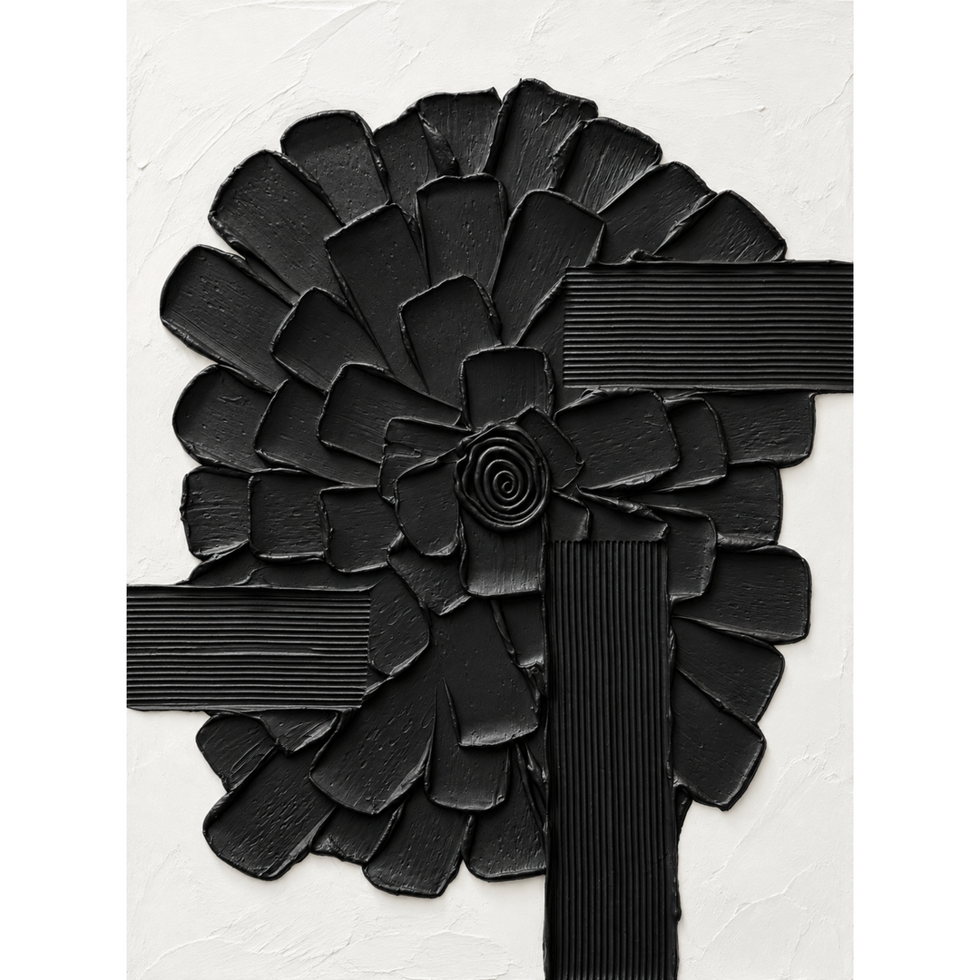 Lee in Cerulean, Botanic Vaste, joint compound and acrylic paint on canvas, 48 x 36 inches. Textured painting on a white background with a black flower-like form of overlapping raised petal shapes around a spiral center, crossed by two horizontal and one vertical black band of fine ridges.
