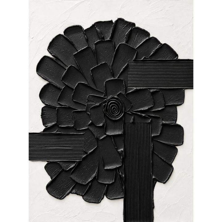 Lee in Cerulean, Botanic Vaste, joint compound and acrylic paint on canvas, 48 x 36 inches. Textured painting on a white background with a black flower-like form of overlapping raised petal shapes around a spiral center, crossed by two horizontal and one vertical black band of fine ridges.