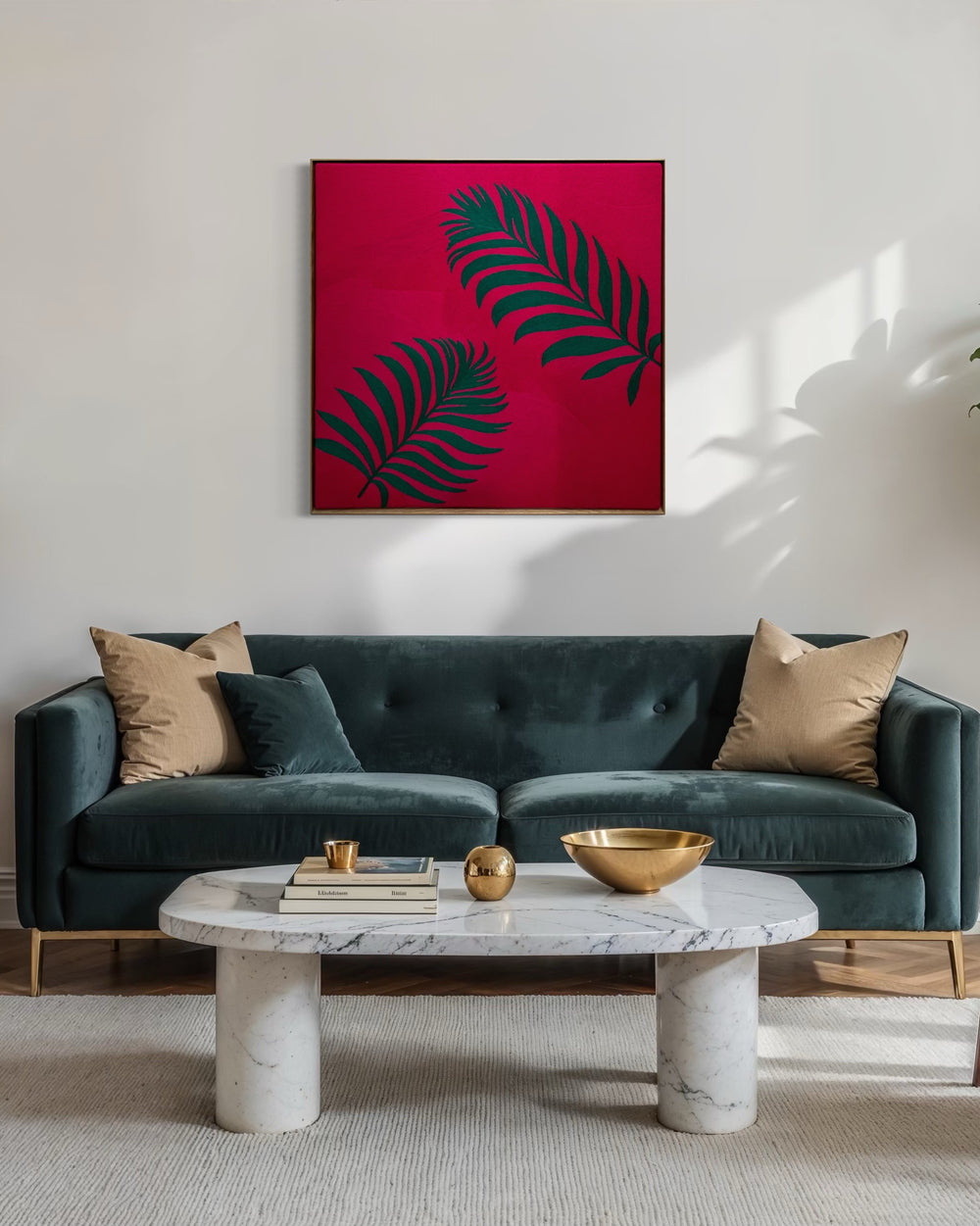 42.5"x42.5" chain-stitched textile with two tropical leafs over a bright pink background. 