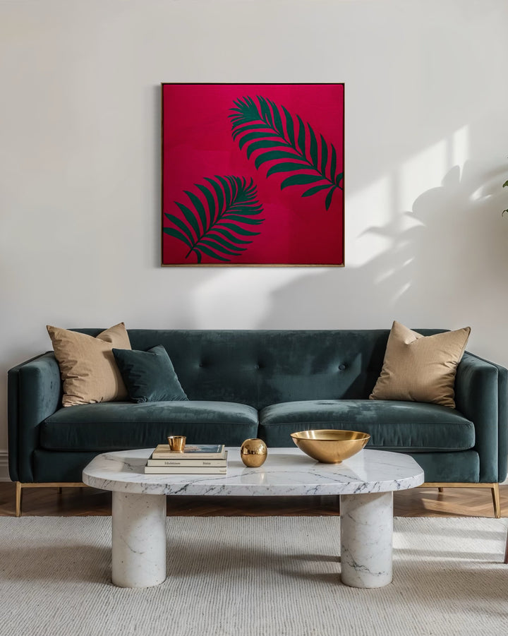 42.5"x42.5" chain-stitched textile with two tropical leafs over a bright pink background. 