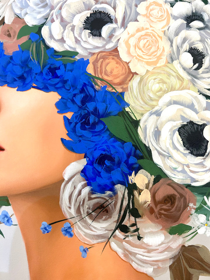  48"W x 36"H Acrylic portrait on canvas. Woman with the upper half of her face and hair covered in white, blue and terracotta flowers. 