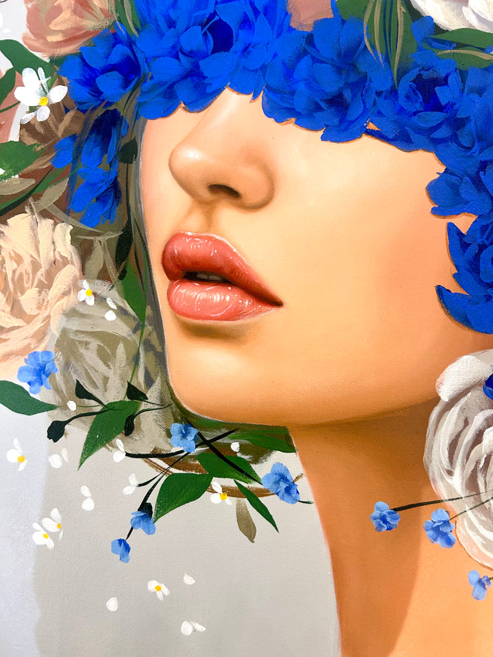  48"W x 36"H Acrylic portrait on canvas. Woman with the upper half of her face and hair covered in white, blue and terracotta flowers. 
