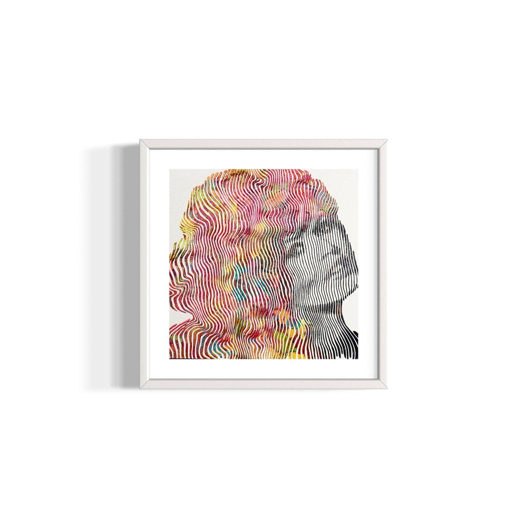 Brigette Bardot woman figurative portrait side view in vertical lines multi color hair red yellow blue 