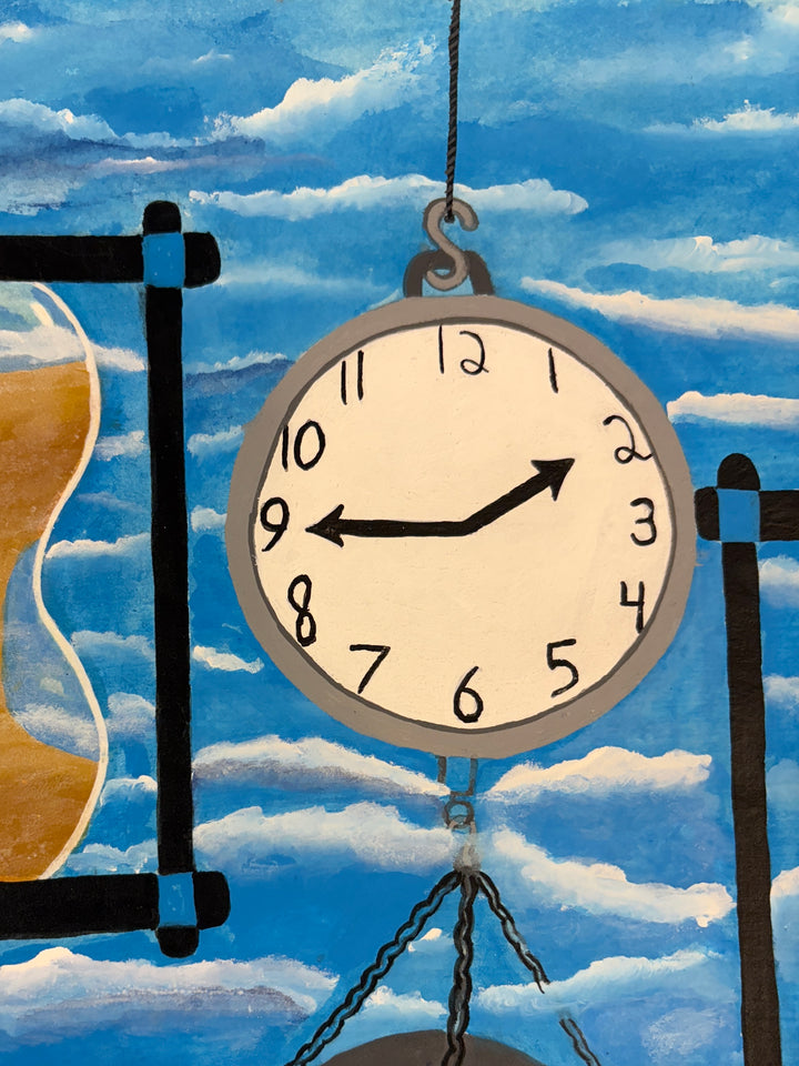 two hourglasses on either side of clock holding scale and grave stone DBI in acrylic