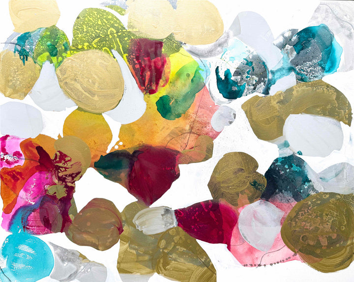 Liz Barber, Butterflies 3, acrylic paint, ink, and watercolor on canvas, 60 x 48 inches. Abstract composition of rounded shapes in metallic gold, olive, crimson, magenta, orange, yellow, turquoise, teal, and white on a white background.