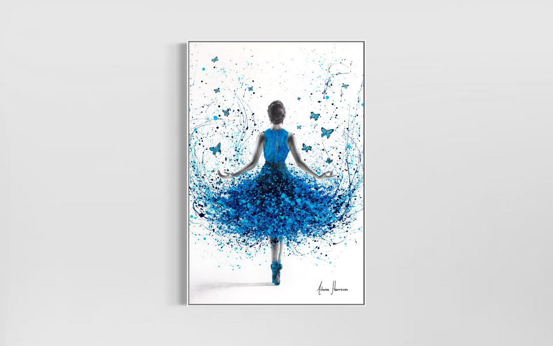blue splatter acrylic expressionism realism ballerina in blue with butterflies on white canvas