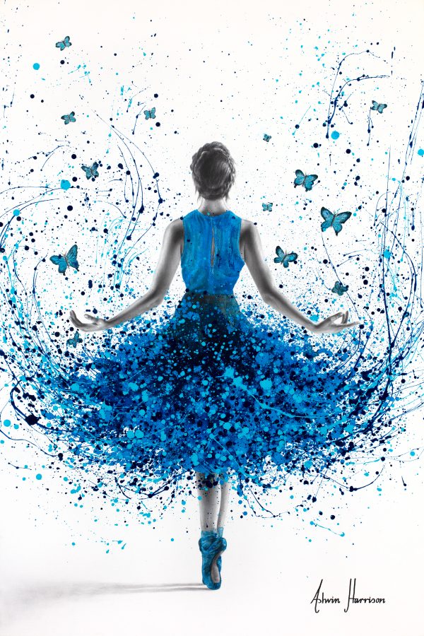 blue splatter acrylic expressionism realism ballerina in blue with butterflies on white canvas