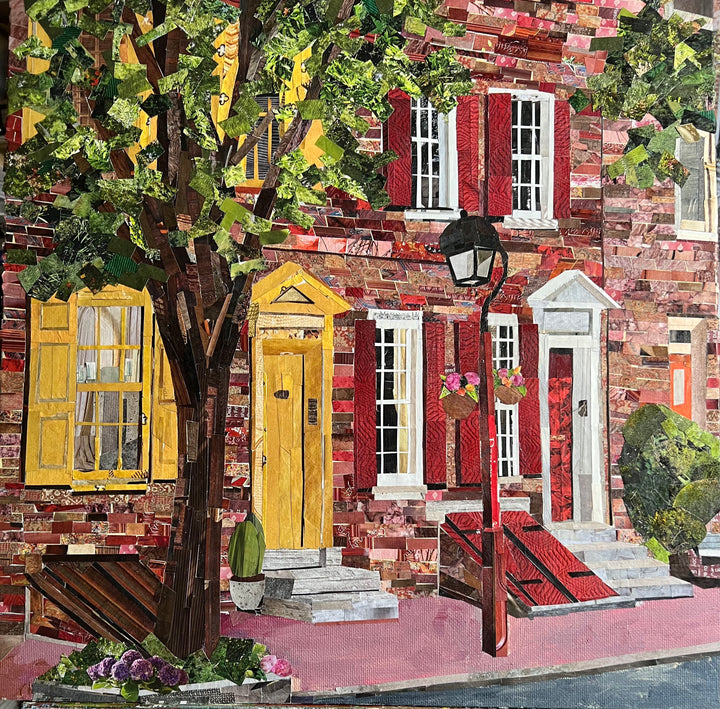 14 x 14" original artwork in a 17" white window matting collage of red brick houses on a Philly city street. 