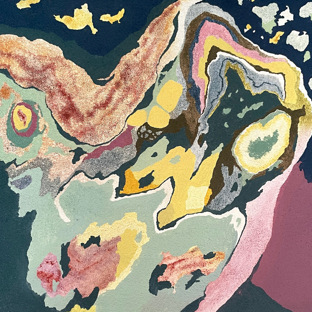 organic and abstract shapes in pinks purple yellow and blue with gradient and hard edges, varying line weight