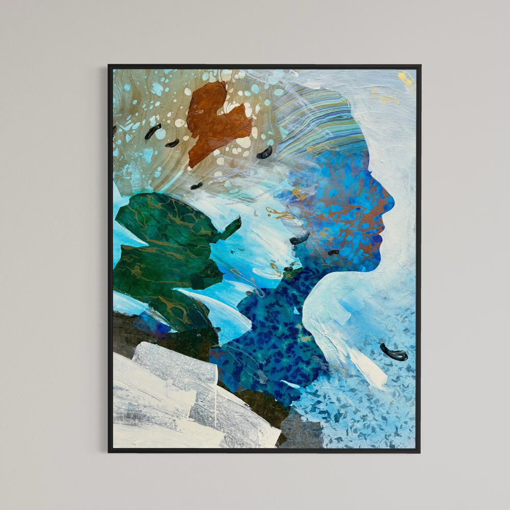 Current Cameo by Christopher Peter presented in a black frame on a light gray background, showing the full painting with its gallery-wrapped profile silhouette composition.