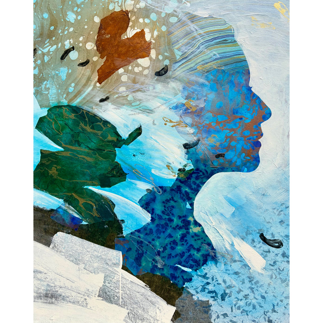 Current Cameo by Christopher Peter. Mixed media figurative painting with a side-profile silhouette head filled with layered blues, teals, and copper tones, with an emerald green leaf form and rust-brown organic shape, gold leaf accents, on a soft white and blue ground.