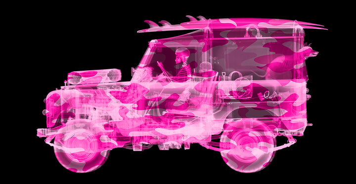 Framed Chromaluxe x-ray photograph by Nick Veasey of a landrover in hot pink camo, with a surf board and dog