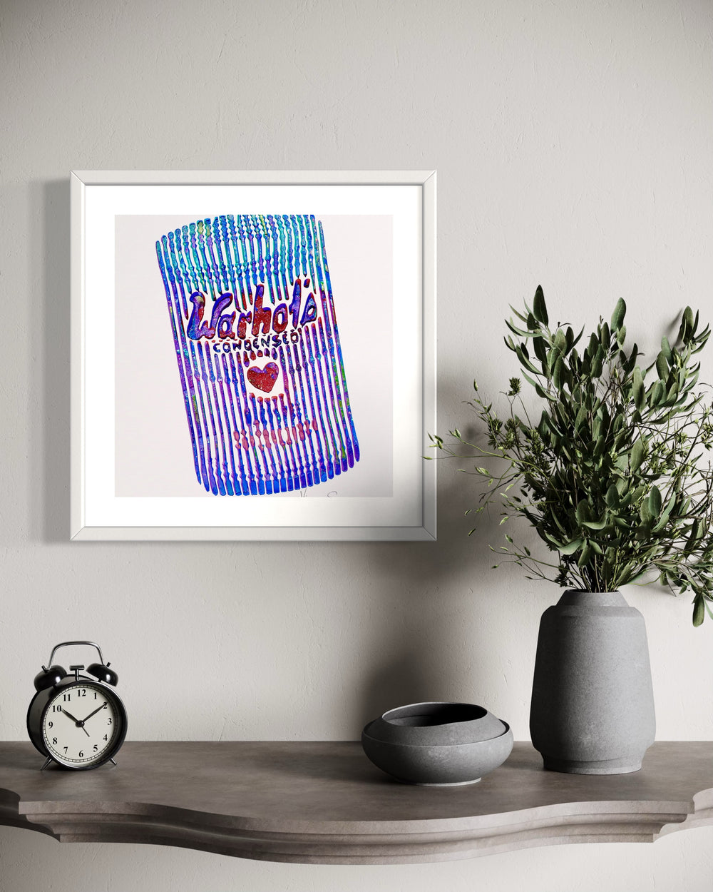 Warhol's condensed love soup campbells soup tin can in purple red and blue vertical lines on white background