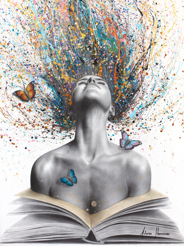 Figurative surrealism expressionism figure woman splatter hair in pastel colors opening book with butterflies on white background
