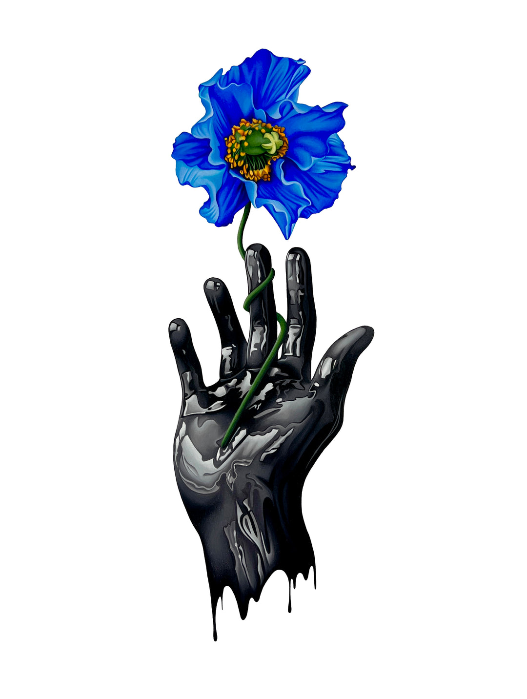 A dripping black hand holds out a vibrant blue poppy flower on a stark white background. The drips on the hand look like black oil, and the flower looks like it&
