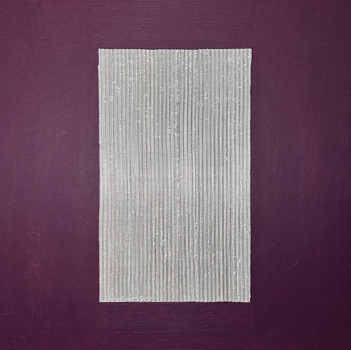 Lee in Cerulean, Chrome Door, joint compound, liquid leaf and acrylic, 14 x 14 inches. A tall silver rectangle of vertical raised lines centered on a deep purple background.
