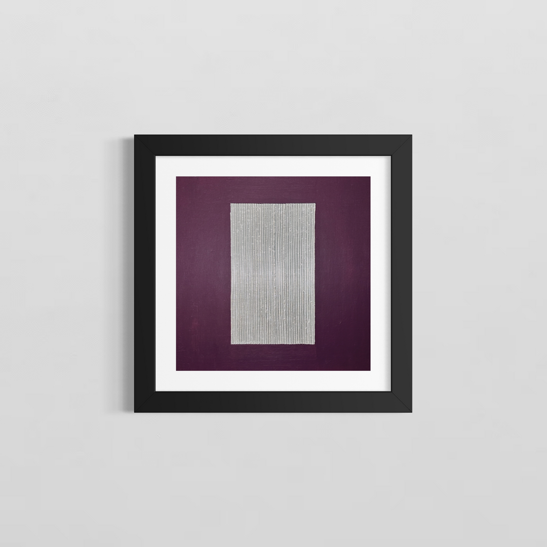 Lee in Cerulean, Chrome Door, joint compound, liquid leaf and acrylic, 14 x 14 inches, shown in a black frame with a white mat on a light grey wall. A tall silver rectangle of vertical raised lines centered on a deep purple background.