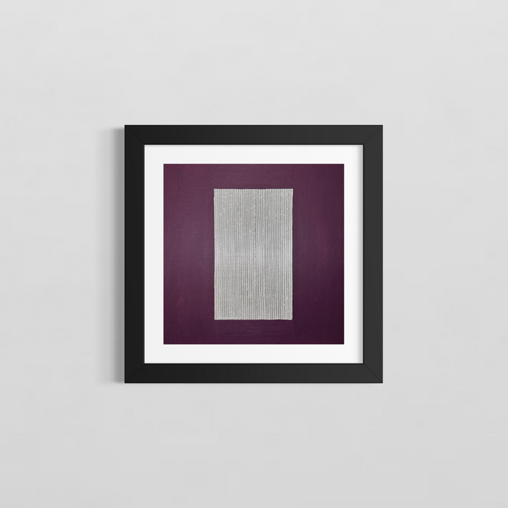 Lee in Cerulean, Chrome Door, joint compound, liquid leaf and acrylic, 14 x 14 inches, shown in a black frame with a white mat on a light grey wall. A tall silver rectangle of vertical raised lines centered on a deep purple background.