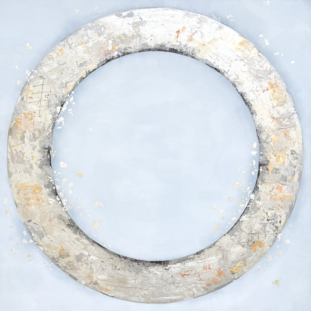 36X36 silver circle made with metallic and gold foil on a light grey acrylic background