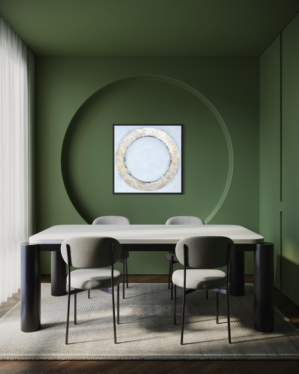 36X36 silver circle made with metallic and gold foil on a light grey acrylic background in a dining room setting