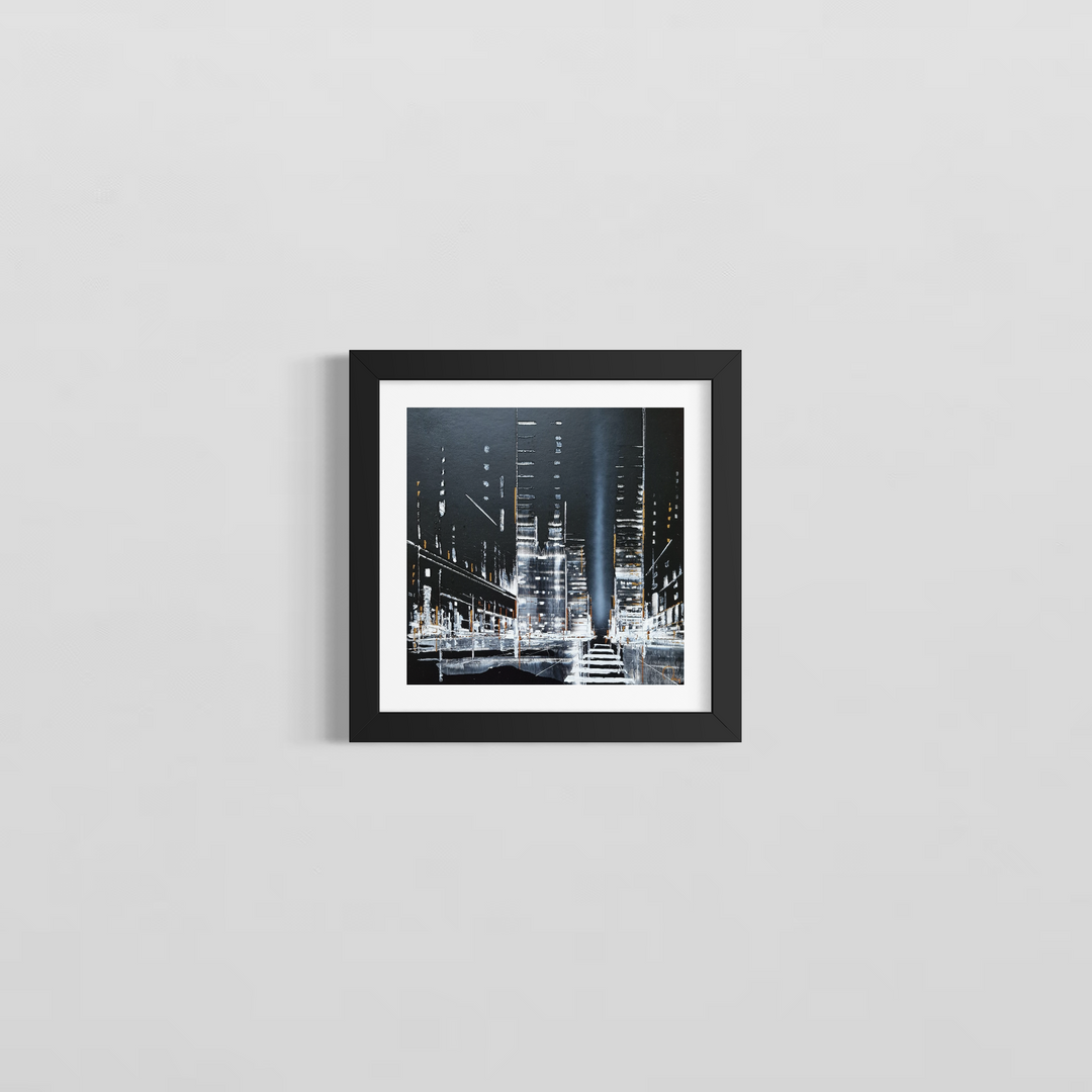 City Lights" by French artist Julien Rey — a mixed-media painting of a dramatic nocturnal urban canyon crafted with Chinese lacquer and gold leaf on board. Towering skyscrapers rendered in bold black lacquer and silver rise on either side of a luminous central boulevard, a sweeping searchlight beam cutting through the deep night sky. Scattered gold leaf accents flicker like distant windows. Original contemporary nocturnal cityscape painting available at Morton Contemporary gallery.