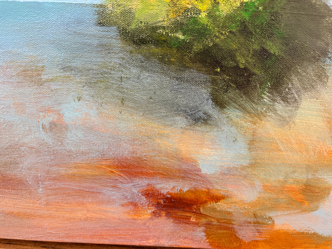 abstract expressionist impressionist landscape trees in blue and green pink clouds soft pastel oil paint