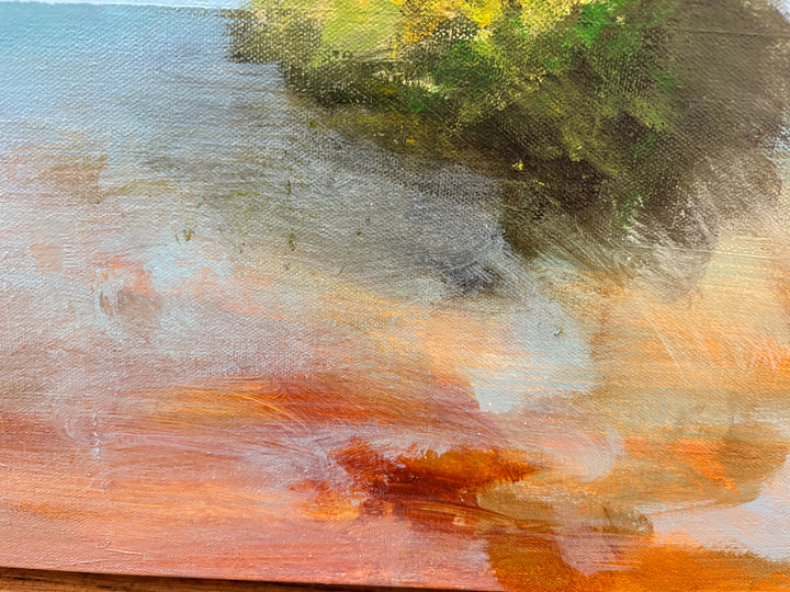 abstract expressionist impressionist landscape trees in blue and green pink clouds soft pastel oil paint
