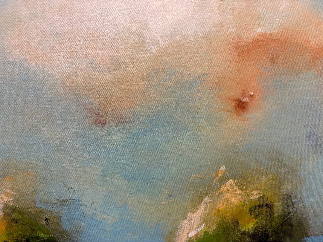 abstract expressionist impressionist landscape trees in blue and green pink clouds soft pastel oil paint