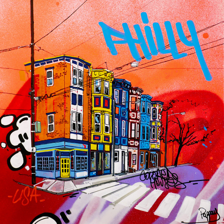 red background spray paint philly with houses on block corner with trees and crosswalk