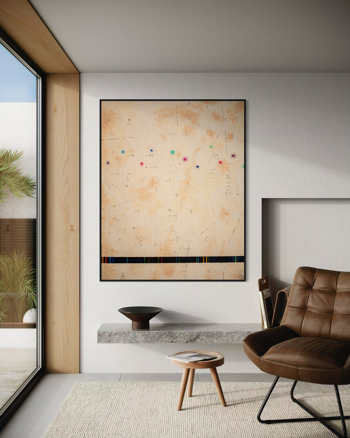 pigmented volcanic rock on canvas in beige tone with dots of color blue red purple green and static line across bottom abstract minimal textured painting
