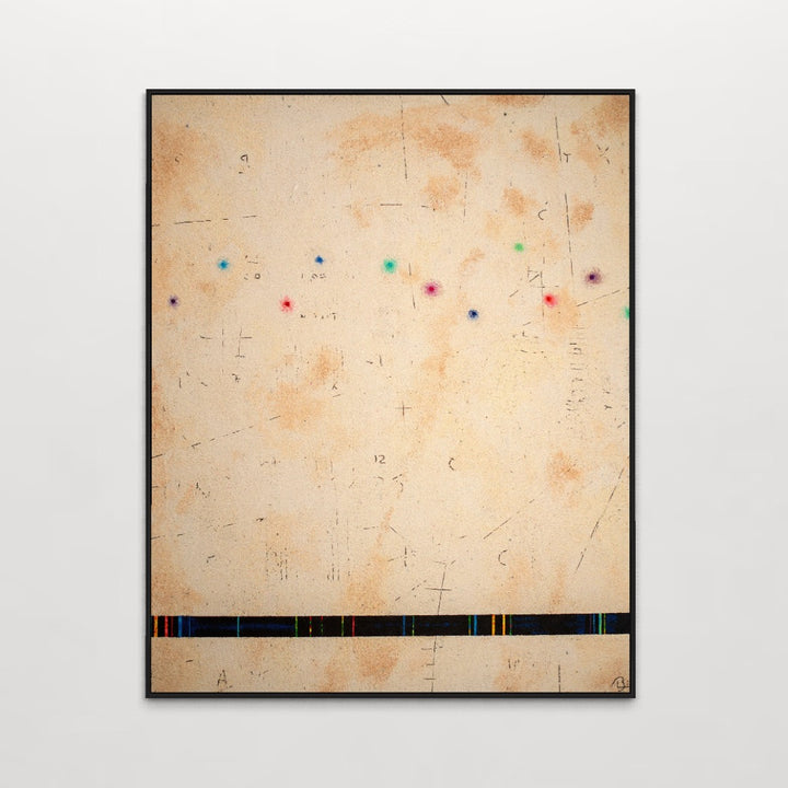pigmented volcanic rock on canvas in beige tone with dots of color blue red purple green and static line across bottom abstract minimal textured painting