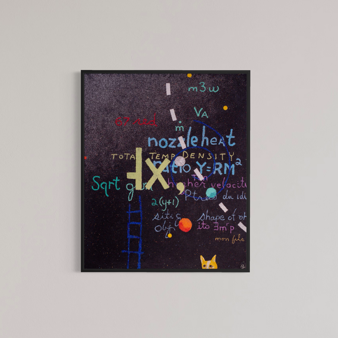 Bob Landstrom, Counter Gravitation, pigmented volcanic rock and acrylic on canvas, 72 x 60 inches. Black background covered with handwritten words and equations in blue, red, white, and yellow lettering, a large beige "IX" mark, a blue ladder, an orange dot, and a small yellow cat face, shown in a black frame on a light gray wall.