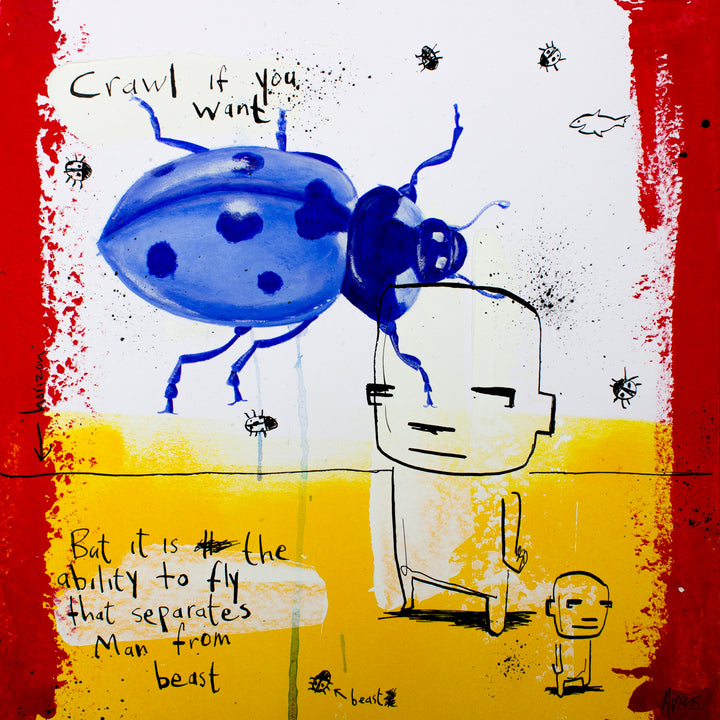 two doodled sketchy characters, one big and one small, with large blue realistic lady bug beetle, small doodled bugs and handwritten text with splattered ink on red yellow and white background