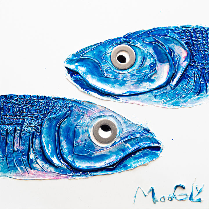 Acrylic and resin 12" x 12" Crush painting by Moogly. Two animated cobalt blue fish with washer eyes, looking at each other. Symmetrical painting, pisces fish.