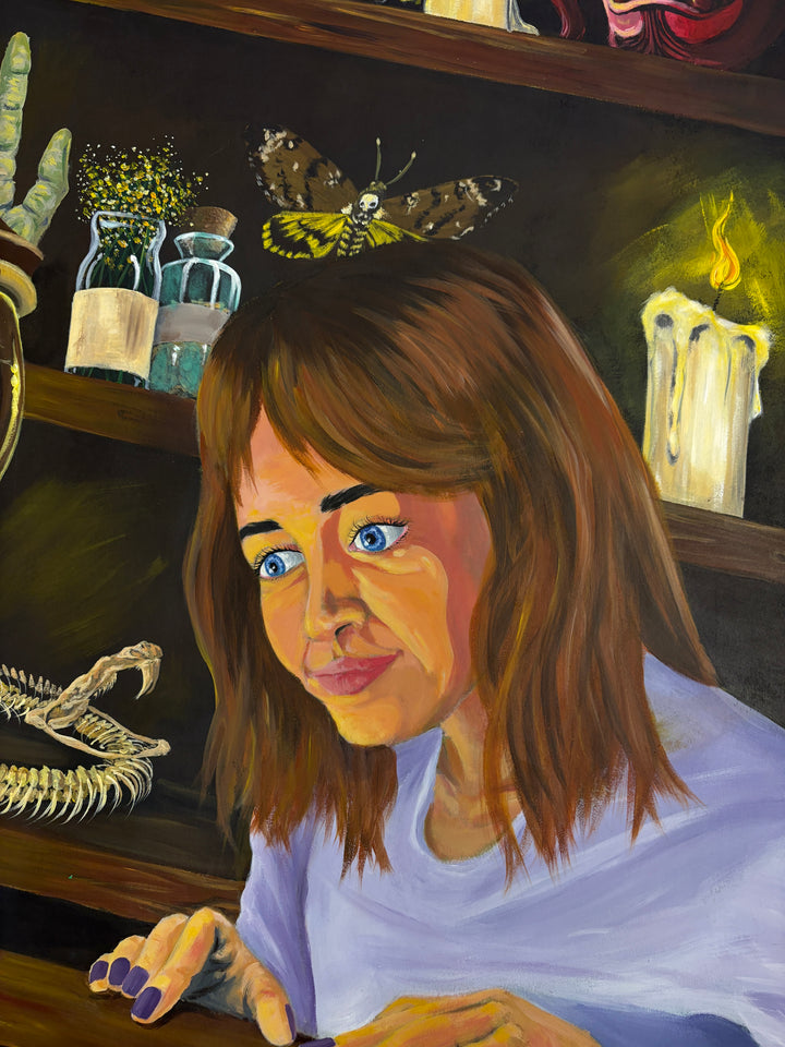 Surreal illustrative figures girl and witch with hourglass person inside wood bottles masks figures gems and crystals in acrylic