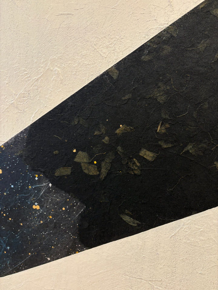silhouette of girl on diving board arms up ready to jump in abstract expressionistic mixed media collage and painting on textured white background