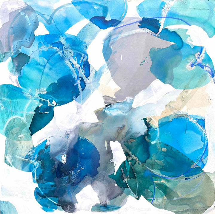 Liz Barber, Dancing Wave 3, acrylic paint, ink, watercolor, graphite, and pastel on canvas, 60 x 60 inches. Square abstract composition of overlapping translucent shapes in cobalt, cerulean, turquoise, teal, lavender gray, and pale beige with white linear marks.