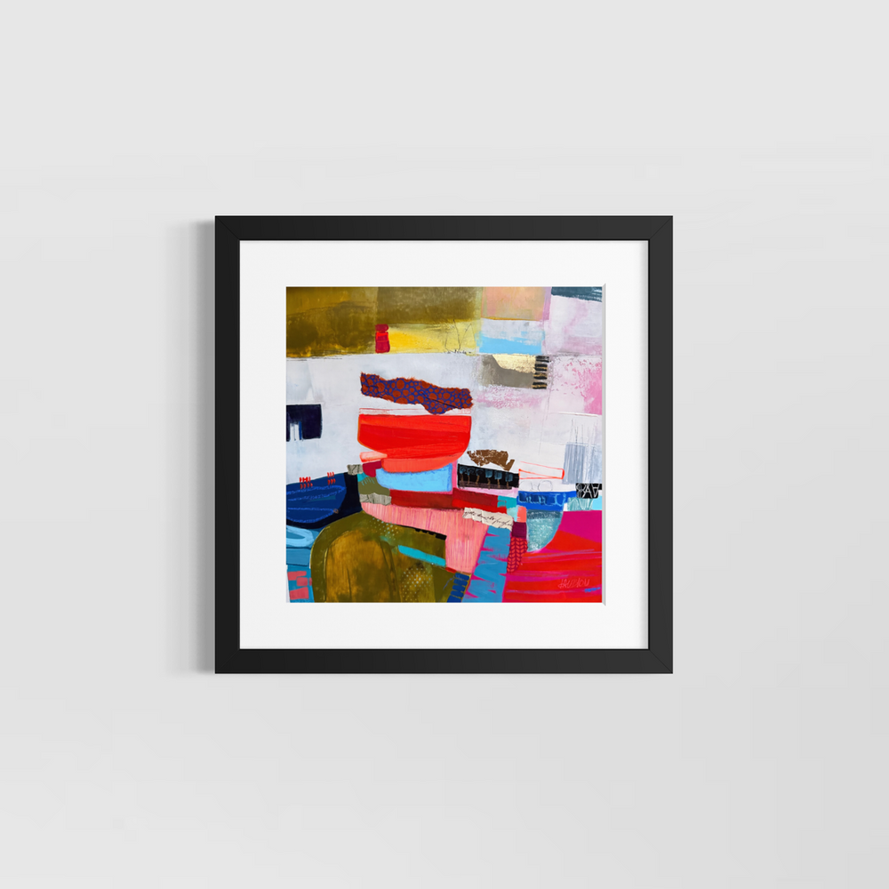 Lau Blou, Destination bord de mer, acrylic paint, fabric, and gold leaf on canvas, 14 x 14 inches, shown in a white 17 x 17 inch mat and black frame on a light grey wall. Abstract painting of a red bowl shape above an olive green arch.