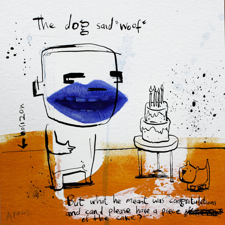doodle ink figure cartoon with realistic rendered blue moth with cake drawing and dog, orange floor and white background, with text satire