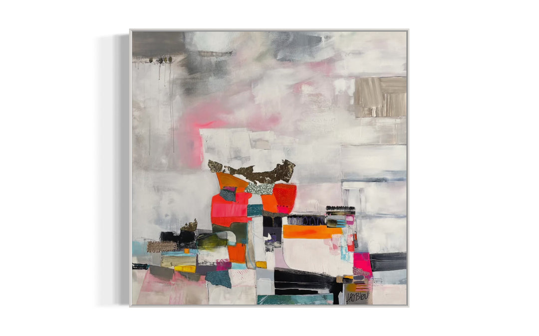 31" x 31" acrylic and gold leaf painting by Lau Blou. Pink orange blue and black square of paint fabric and cut paper and gold foil collage on cloudy and square white grey and pink background