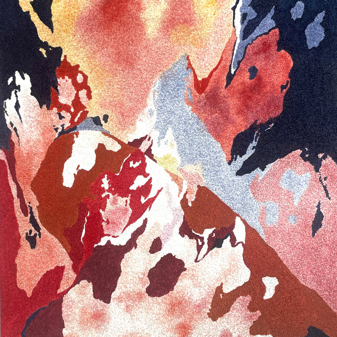abstract fields of color including red orange and blue, burning logs with fire