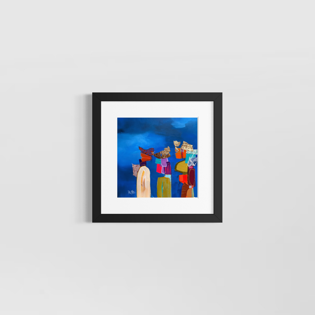 Lau Blou, Ecoutons nous, acrylic paint, fabric, and gold leaf on canvas, 10 x 10 inches, shown in a white 12 x 12 inch mat and black frame on a light grey wall. Abstract painting of three tall figure-like forms on deep blue.