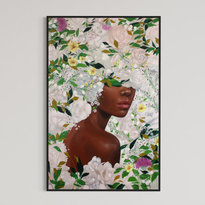 36"W x 56"H Acrylic portrait on canvas. Woman looking over her shoulder with her eyes and hair covered with white flowers and vines. 