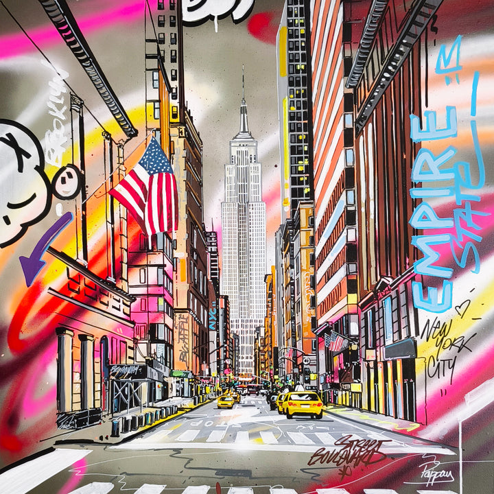 "Empire State of America" acrylic graffiti painting on canvas by Pappay, depicting a colorful New York City street view of the Empire State Building with taxis, an American flag, and hand-painted text reading Empire State and New York City