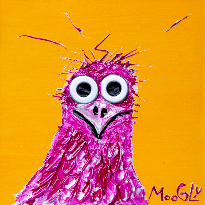 wide eyed pink bird with beak and feathers in acrylic and resin on orange background