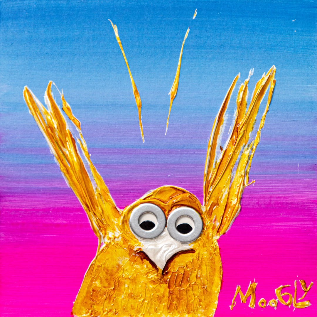 yellow bird falling with wings up and looking down on rainbow background