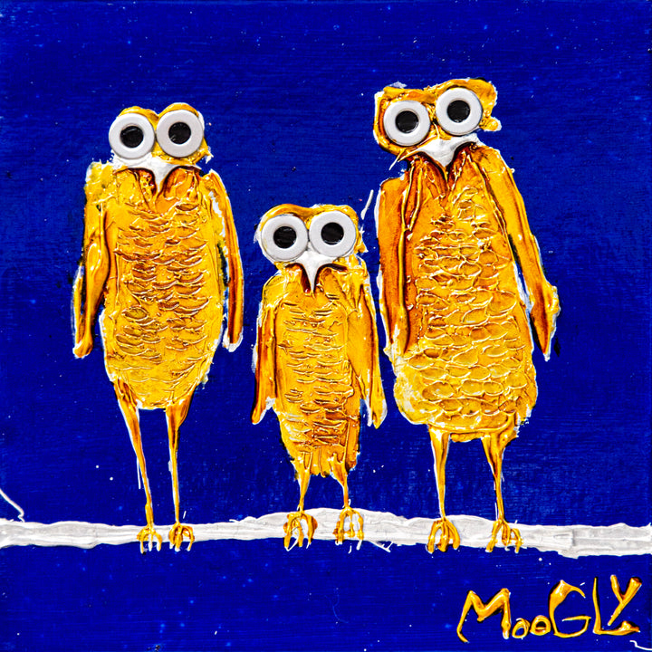 three yellow startled birds standing on branch with big expressionist eyes on blue background