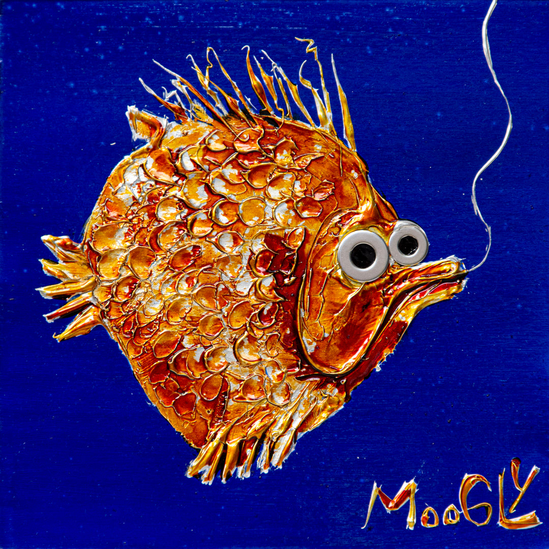 small orange yellow fish with big washer eyes on fishing line under water blue background