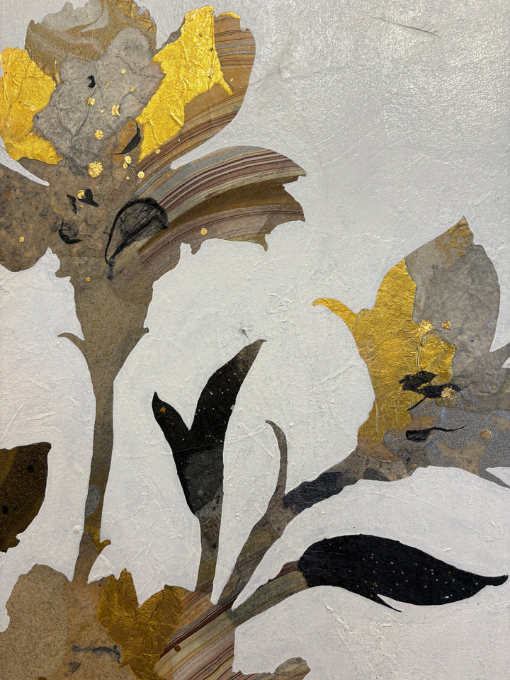 "Floral Profile" by Christopher Peter — a mixed-media collage painting on canvas depicting an elegant botanical stem of layered flowers crafted from gold leaf and marbled paper against a soft plaster-textured ivory background. Original contemporary mixed-media gold leaf botanical floral painting on canvas available at Morton Contemporary gallery.